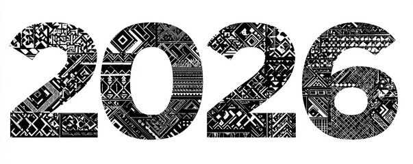 Futuristic Number 2026 Filled with Black and White Geometric Patterns for Tech Presentations, Modern Branding and Conceptual Designs