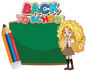 Smiling Schoolgirl with Chalkboard and Back to School Sign