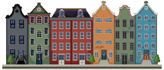 Colorful Dutch Canal Houses in Flat Vector Illustration