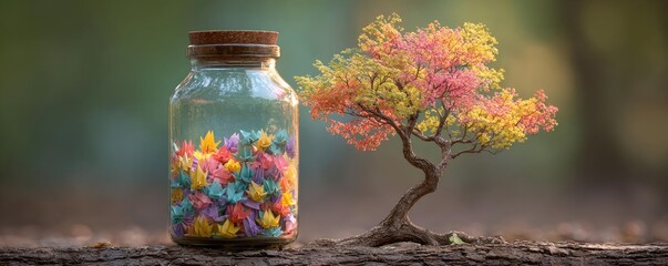 Tree with leaves beside jar of appreciation notes concept. A vibrant bonsai tree beside a jar filled with colorful stones.