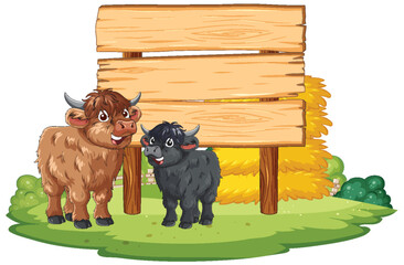 Two Cartoon Calves Standing by Wooden Farm Sign