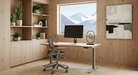 A bright, minimalist home office features a light wood desk, ergonomic chair, and a large window showcasing snowy mountains. Plants and artwork add natural elements. The