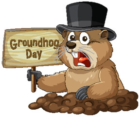 Cartoon Groundhog in Top Hat Holding Groundhog Day Sign