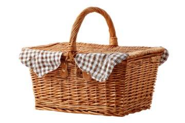 Wicker picnic basket with checkered cloth