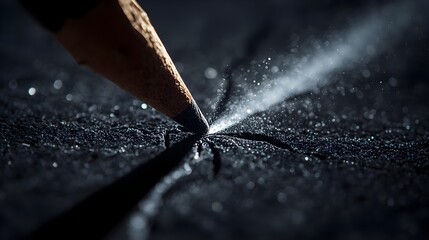 A close-up of a pencil drawing a glowing line on a dark, textured surface, scattering bright particles, symbolizing the enlightenment of knowledge and the impact of teachers on International Teache..