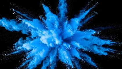 A vibrant explosion of blue powder against a stark black background. The dynamic burst radiates outwards creating a visually stunning effect