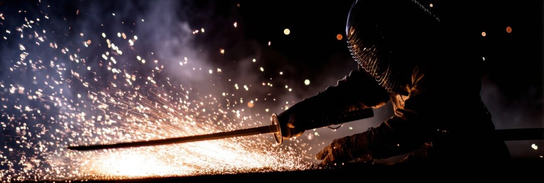 Blacksmith Creating Sparks During Night Forging With Traditional Sword in Hand