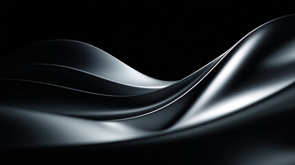 Obraz premium Abstract black waves with glossy metallic texture on a dark background, showcasing futuristic curves and dramatic light-shadow contrast. Ideal for tech branding, backgrounds, and digital design.