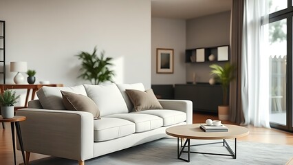 A contemporary sofa in neutral tones, showcasing elegant and cozy living space aesthetics.