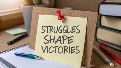 Inspirational Quote on Sticky Note About Growth and Success in Office Workspace with Stationery and Natural Light Background