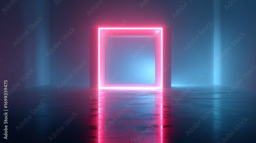Poster illuminated neon square in a misty environment creating a modern artistic atmosphere at night