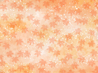 モミジの紅葉イメージの背景素材。水彩風テクスチャー。葉っぱのシルエット。やさしい色調。光の粒子や水滴の輝き。