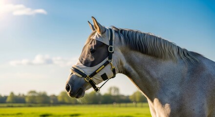 Grey horse wearing fly mask with ear protection. Animal health and pest prevention concept for farm, ranch, or stable.