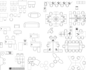 Office Furniture Symbols |2D Interior Drawing of Desks, Meeting Tables, and Executive Tables Vector