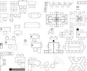 Office Furniture Symbols |2D Interior Drawing of Desks, Meeting Tables, and Executive Tables Vector