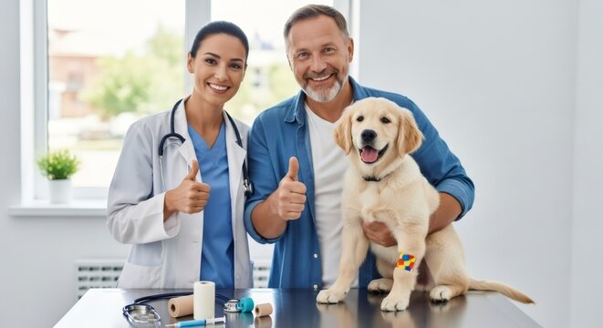 Woman veterinarian and man owner smiling with golden retriever puppy during animal health check. Pet vaccination and parasite treatment concept.
