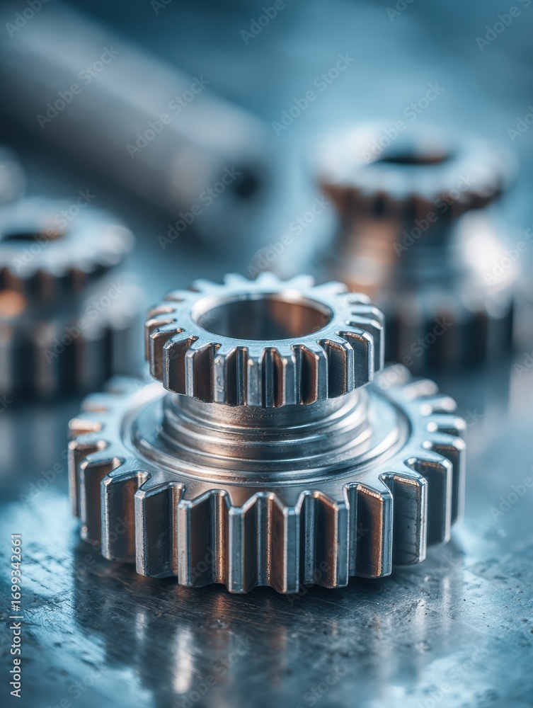 Aufkleber metallic gears arranged on a workbench in a workshop showing intricate details of machinery parts du