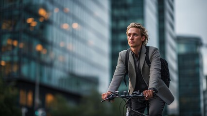 Sustainable Lifestyle: Busy Professional Biking Through the City for a Green Commute.