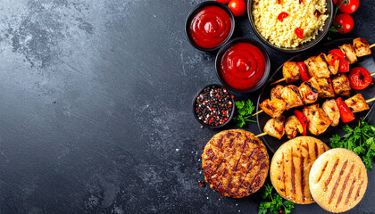 Grilled Feast: A tantalizing array of grilled delights, featuring skewers, burger components, and flavorful sauces arranged on a dark, inviting surface. A culinary masterpiece, a symphony of tastes.