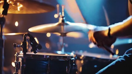 Musician playing drums on stage with vibrant lights