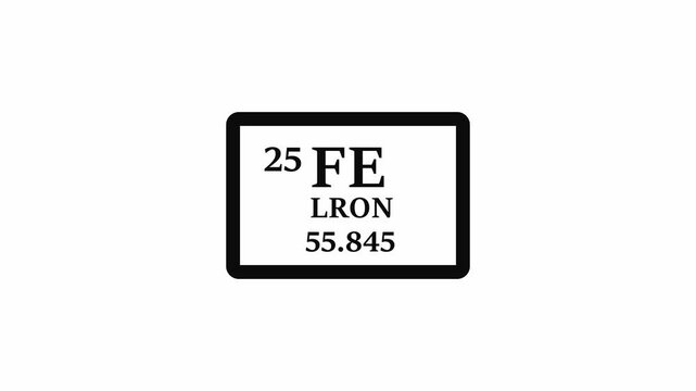 fe lr0n 55.845, chemical element of the periodic table graphic animation. Alpha channel. Transparent background motion design. 4K resolution