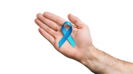 Hand holding a blue prostate cancer ribbon, created with AI, PNG