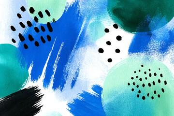 抽象的な水彩画、青と緑の有機的な形と点の背景