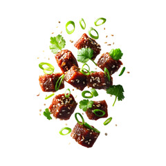 pieces of bulgogi beef marinated with sesame seeds and scallions suspended