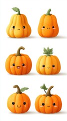 Colorful and cute pumpkins with smiling faces arranged in a playful display during autumn season