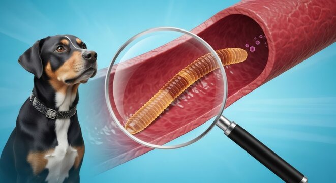 Dog heartworm illness. Pet parasite control health concept. Heartworm larva inside blood vessel shown with magnifying glass.