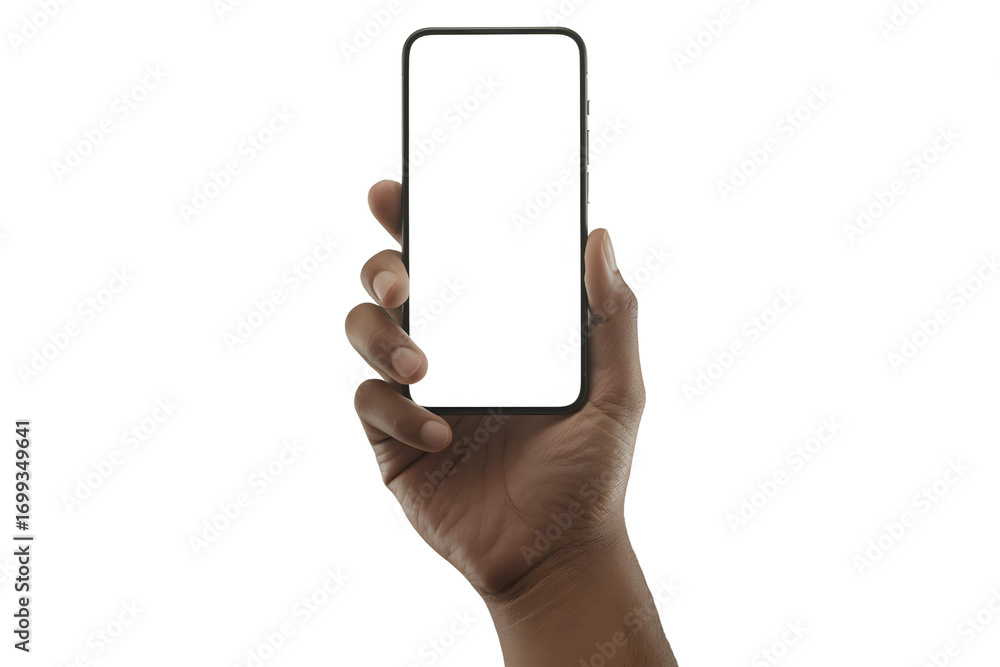 Poster hand holding modern smartphone with blank white screen display representing mobile digital device