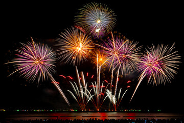 Abstract real golden shining fireworks with bokeh in dark night sky. Celebration glowing fireworks show. 4th independence day and new year background or wallpaper. abstract background , anniversary.