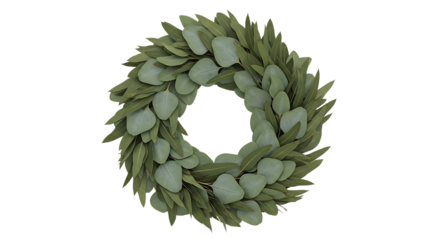 Aesthetic circular arrangement of eucalyptus leaves, forming a natural and elegant wreath perfect for contemporary decor and seasonal accents