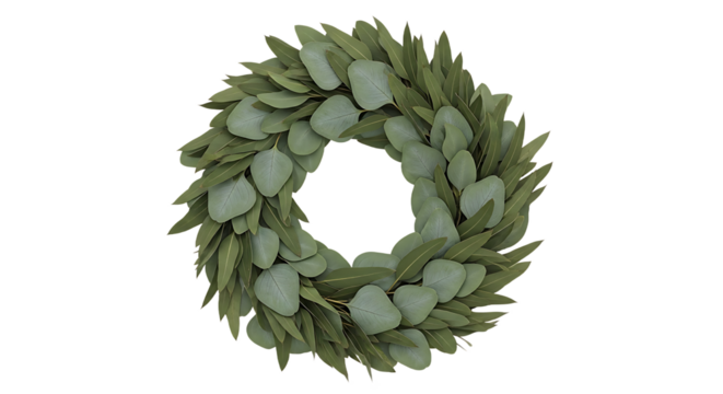 Aesthetic circular arrangement of eucalyptus leaves, forming a natural and elegant wreath perfect for contemporary decor and seasonal accents