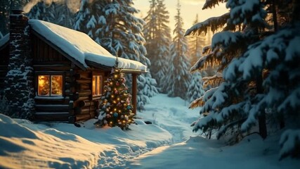 Cozy cabin in snowy woods with christmas tree and smoke rising from chimney in winter scene christmas video