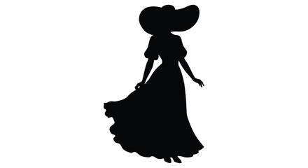 elegant silhouette of woman wearing hat and flowing dress