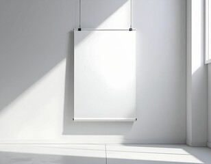 Realistic blank canvas scroll hanging in a modern white gallery space with natural light for creative mockups