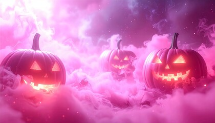 Abstract Pink Halloween Smoke Background with Neon Pumpkins