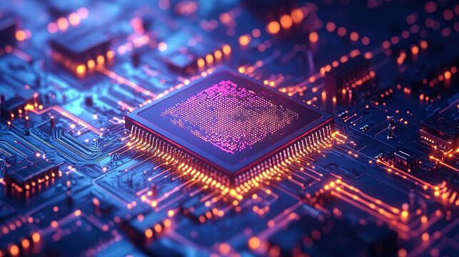 Close - up of a Glowing Microchip on a Circuit Board with Neon Lights