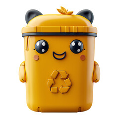 Adorable Recycling Bin Character 3D Render of Cute Yellow Bin with Recycling Symbol