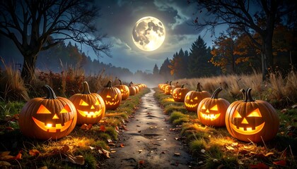 Glowing pumpkins line a path under a full moon in a autumnal field
