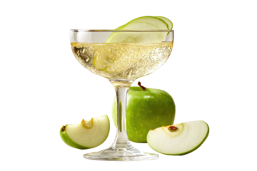 Sparkling apple cocktail in a coupe glass, garnished with apple slices (1)
