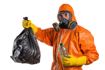 A person in protective gear holds a garbage bag and plastic bottle, highlighting the importance of waste management and environmental responsibility.