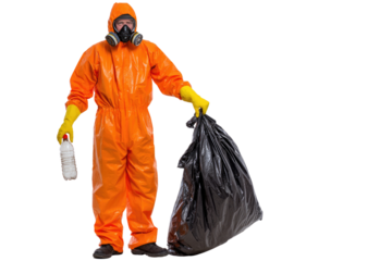 A worker in an orange protective suit and gas mask holds a black garbage bag, highlighting the importance of safety in waste management and environmental protection.