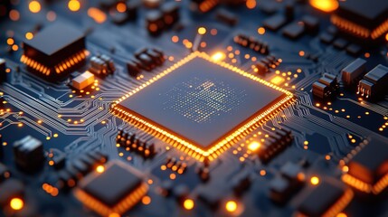Close - up of a Central Processing Unit (CPU) on a Printed Circuit Board (PCB) with Illuminated Components