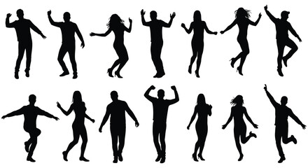 people silhouettes dancing jumping celebrating joyfully together