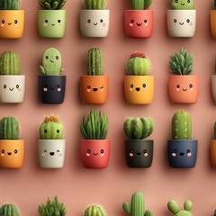 Seamless pattern Cute cartoon cactus plants in colorful pots with smiling faces