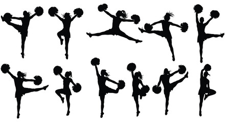 cheerleaders performing dynamic poses with pom poms and footballs