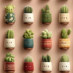 Decorative cartoon cacti in patterned pots with kawaii expressions
