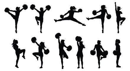 cheerleaders performing various dynamic poses with pom poms